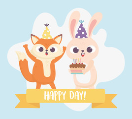 happy day, fox rabbit with cake and party hat