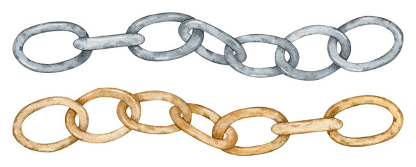 Watercolor set of silver and golden chains. Hand-drawn illustration.