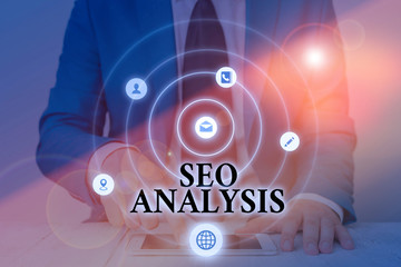 Text sign showing Seo Analysis. Business photo text tool helps showing to study on how to improve a...
