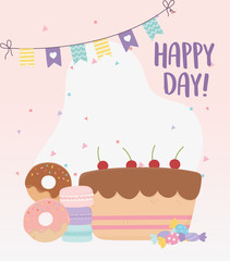 happy day, sweet cake donuts macaroons and candies
