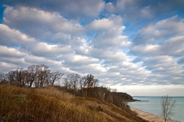 Daybreak on a Lake Michigan gravel beach at Openlands Lakeshore Preserve, Fort Sheridan, Illinois.