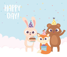 happy day, bear fox rabbit with party hat cake and gift