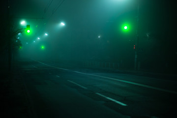 Highway road at night in the fog in the city