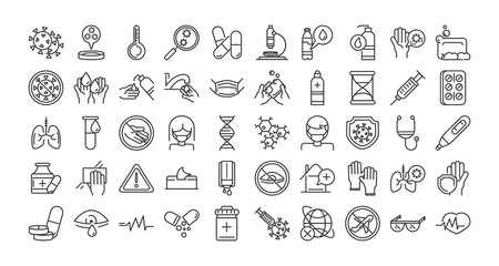 virus covid 19 pandemic respiratory pneumonia disease icons set line style icon