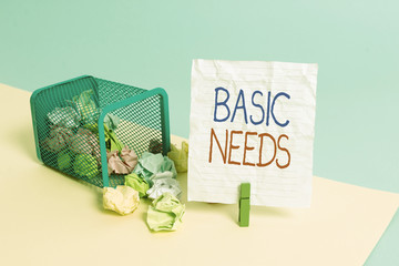 Text sign showing Basic Needs. Business photo showcasing something that you must have in order to sustain or live life Trash bin crumpled paper clothespin empty reminder office supplies tipped