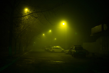 Highway road at night in the fog in the city © Hennadii