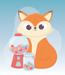 happy day, little fox sitting with jar full of sweet candies