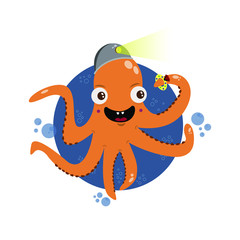 Cartoon cute multitasking octopus cards motivating cards set vector illustration. Cute orange octopus with big shiny eyes. Soft-clam with seven tentacles. Sea and ocean theme. Flat vector icon. 