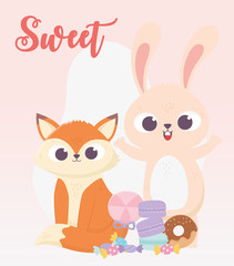 happy day, little fox and rabbit with donut caramel biscuits cartoon