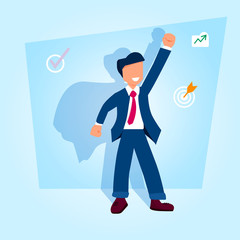 Businessman looking with hand up and superman shadow. Happy, successful man and growth symbols, target achievement