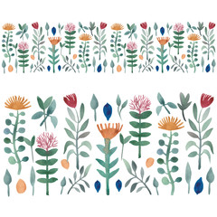 Watercolor seamless border of wildflowers and decorative leaves, stylized as ethnic style. Element on a white background.