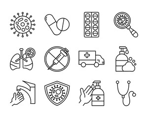 bundle of covid 19 designs, line style icon vector illustration design
