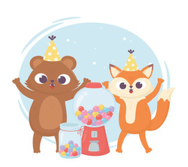 happy day, little bear and fox with hat and sweet candies