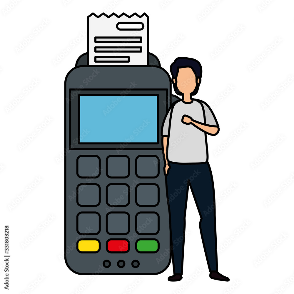 Poster man with dataphone device isolated icon vector illustration design