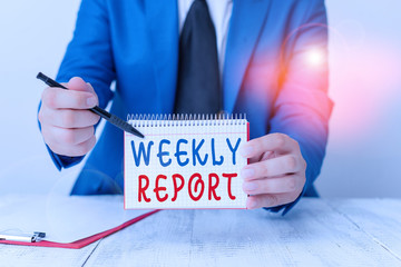 Text sign showing Weekly Report. Business photo text information on what have become known within...