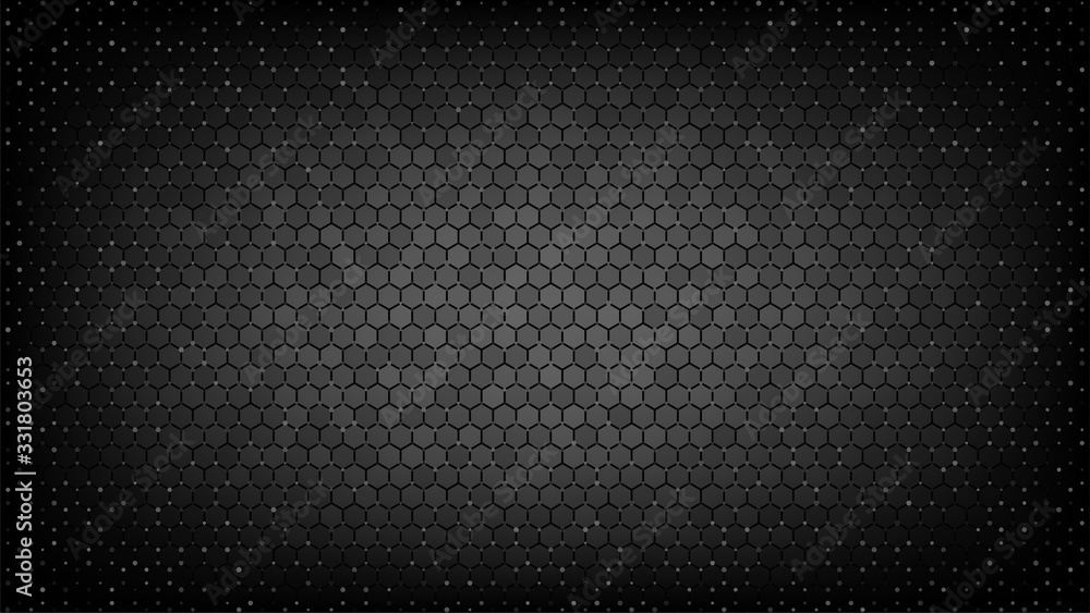 Poster abstract black background. grey hexagon pattern backdrop. dark honeycomb vector illustration. carbon