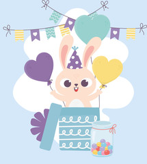 happy day, rabbit with hat coming out gift box with balloons