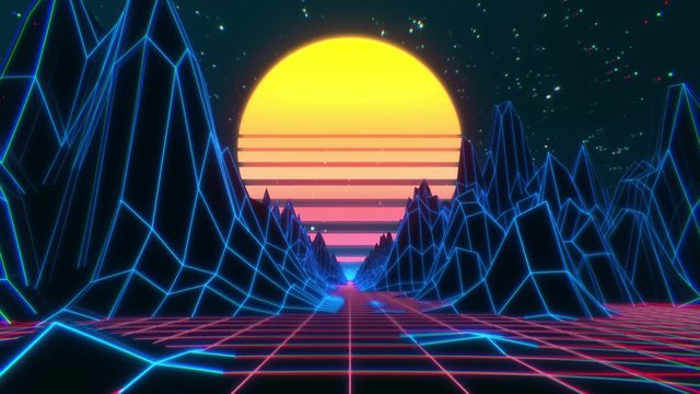 80s retro futuristic sci-fi seamless loop. Retrowave VJ videogame landscape with neon lights and low poly terrain. Stylized vintage 3D animation background with mountains, sun and glowing stars. 4K