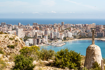 Panoramic shot of the beach of "La Albufereta" Alicante. View of the urbanizations, the beach with the Mediterranean Sea in the background.