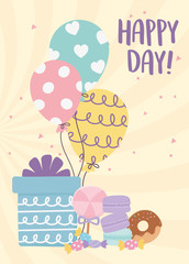 Obraz premium happy day, gift balloons donut caramel biscuits cartoon