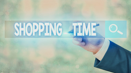Conceptual hand writing showing Shopping Time. Concept meaning A period of time in which someone...