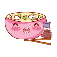 kawaii ramen soup sushi sake and chopsticks food japanese cartoon , sushi and rolls