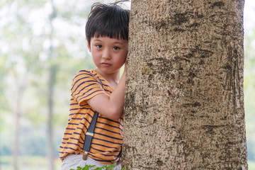 The mixed race boy hides behind a tree in the park. Little cute child looks out from behind tree, playing hide and seek in the public park. Little boy hands embracing big tree on nature background.