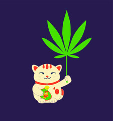 Maneki-neko holds a marijuana leaf. Marijuana Legalization. Cannabis engraving plant.