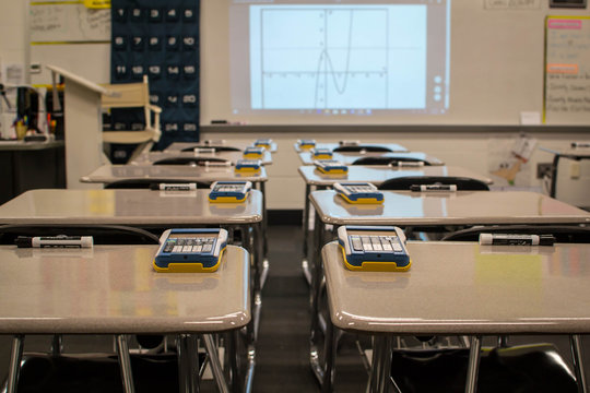 Classroom desks with calculators