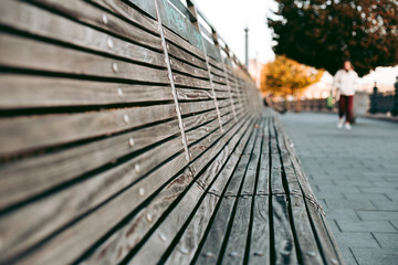 Wooden bench in the city in autumn