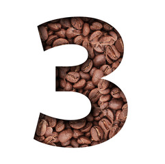 Stencil of the number 3 on a background of coffee beans.