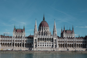 Fototapeta premium Budapest Parliament Building in the afternoon against a clear blue sky