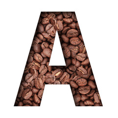Stencil of the letter A on a background of coffee beans