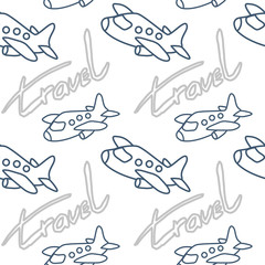 Blue line airplane on white backdrop. Travel text seamless pattern for wrap paper, sleeper, bath tile, wallpaper or bed linen. Phone case or cloth print art. Cartoon style stock vector illustration