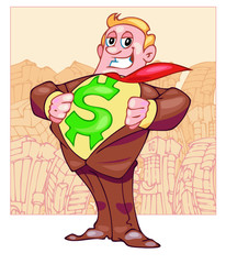 Businessman laughs and showing with a dollar sign on a t-shirt. Front view. Color vector flat cartoon illustration. Pop art retro style