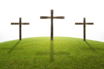 Three crosses on Golgotha hill, easter concept, death and resurrection of Jesus Christ