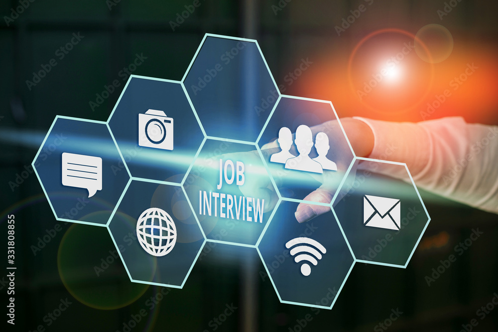 Poster writing note showing job interview. business concept for meeting in which an employer asks the appli