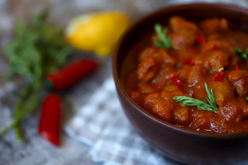 Vegan curry in a bowl. Soya meat curry. Healthy food. Vegan diet.