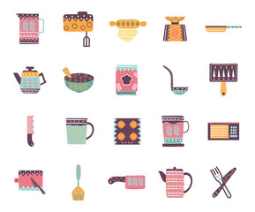 Cook and kitchen decorative elements flat style icon set vector design