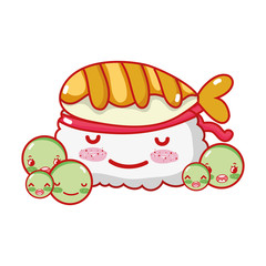 kawaii sushi fish and peas food japanese cartoon, sushi and rolls