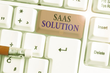Writing note showing Saas Solution. Business concept for software delivery method that provides...