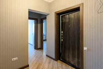 Entrance door to the apartment and interior doors to different rooms, view from the corridor