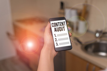 Text sign showing Content Audit. Business photo text process of evaluating content elements and...