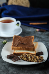 Chocolate toast with a cup of tea