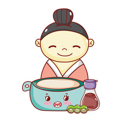 geisha with bowl sake and peas kawaii food japanese cartoon, sushi and rolls