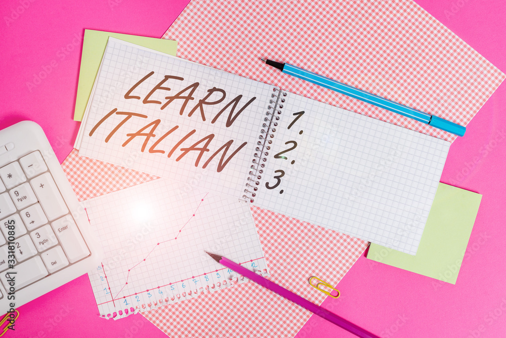 Aufkleber conceptual hand writing showing learn italian. concept meaning gain or acquire knowledge of speaking