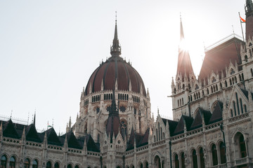 Fototapeta premium Budapest Parliament Building in the afternoon against a clear blue sky