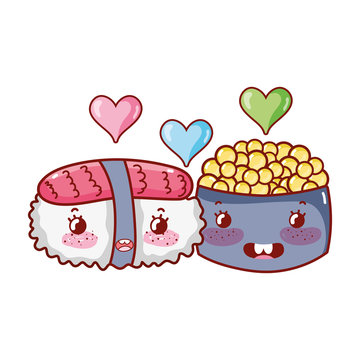 kawaii sushi and caviar love food japanese cartoon, sushi and rolls