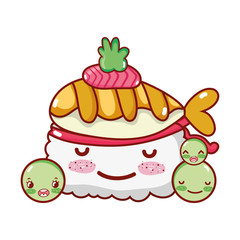 kawaii rice sushi fish peas food japanese cartoon, sushi and rolls