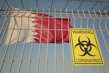 Coronavirus biohazard sign with flag of Qatar as a background. Qatari Quarantine, conceptual 3D rendering